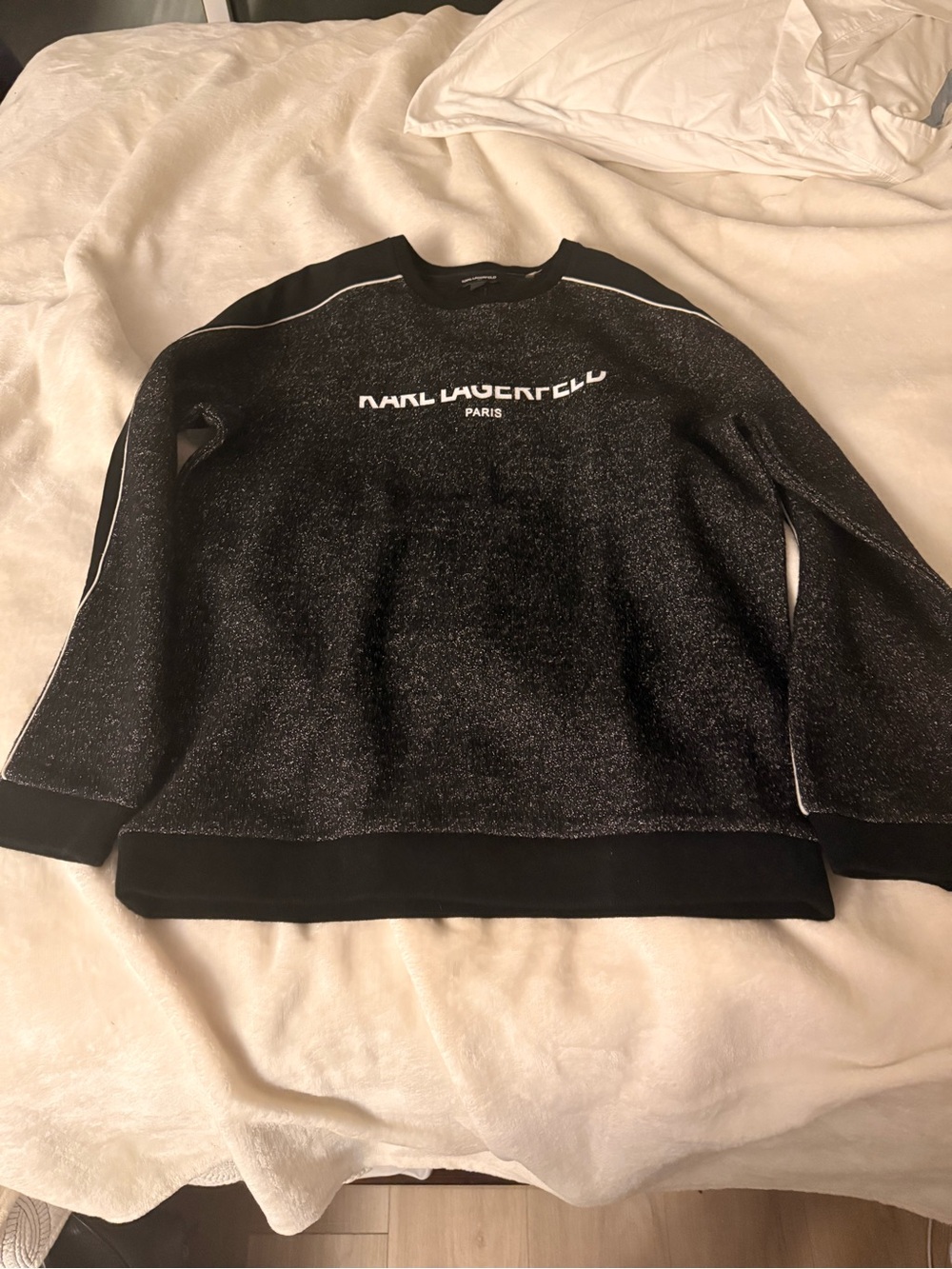 Karl Lagerfeld Black Metallic Crewneck Sweater with White Logo
